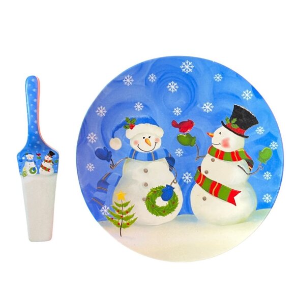 Snowman and Snowwoman Ceramic Cake Plate & Server - Picture 1 of 6